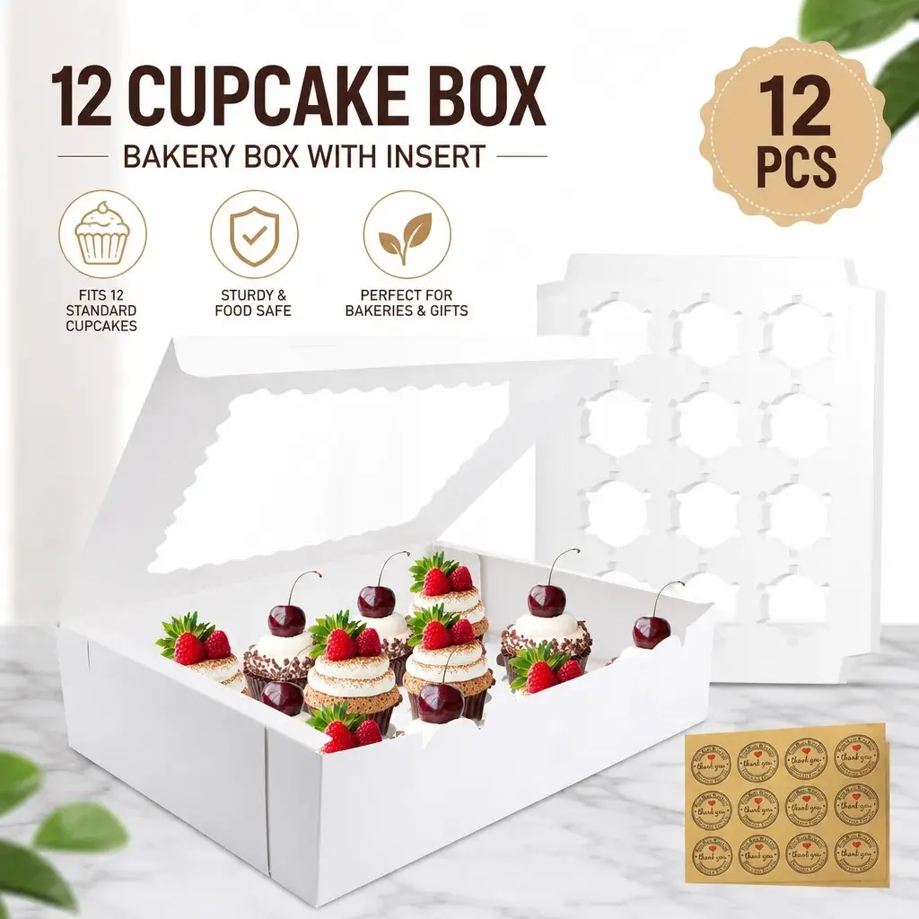 12-Count White Window View Cupcake Boxes - Durable, Easy to Carry Out Bakery Supplies, 12.8x9.8x3.5in Lightweight Stackable, Holds 12 Desserts Each (144 Total) for Christmas, Birthday Events