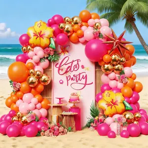 134PCS Tropical Balloon Garland Kit Hot Pink & Orange with Hibiscus Star Foil Balloons for Luau