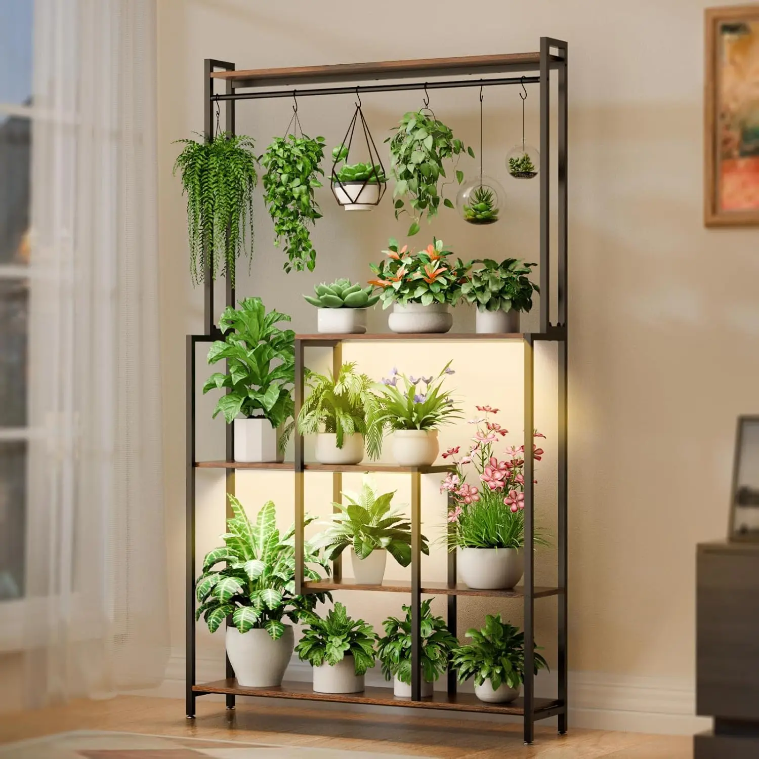 POZILAN 72 in Indoor Plant Stand with Grow Light - Heavy-Duty Rectangle Corner Display Rack, Complete Kit with Ample Display Space, Ideal Home Decor Gift for Plant Lovers (Living Room, Patio Use), Rectangle Bodytype, Flower Pots, Garden Accessories