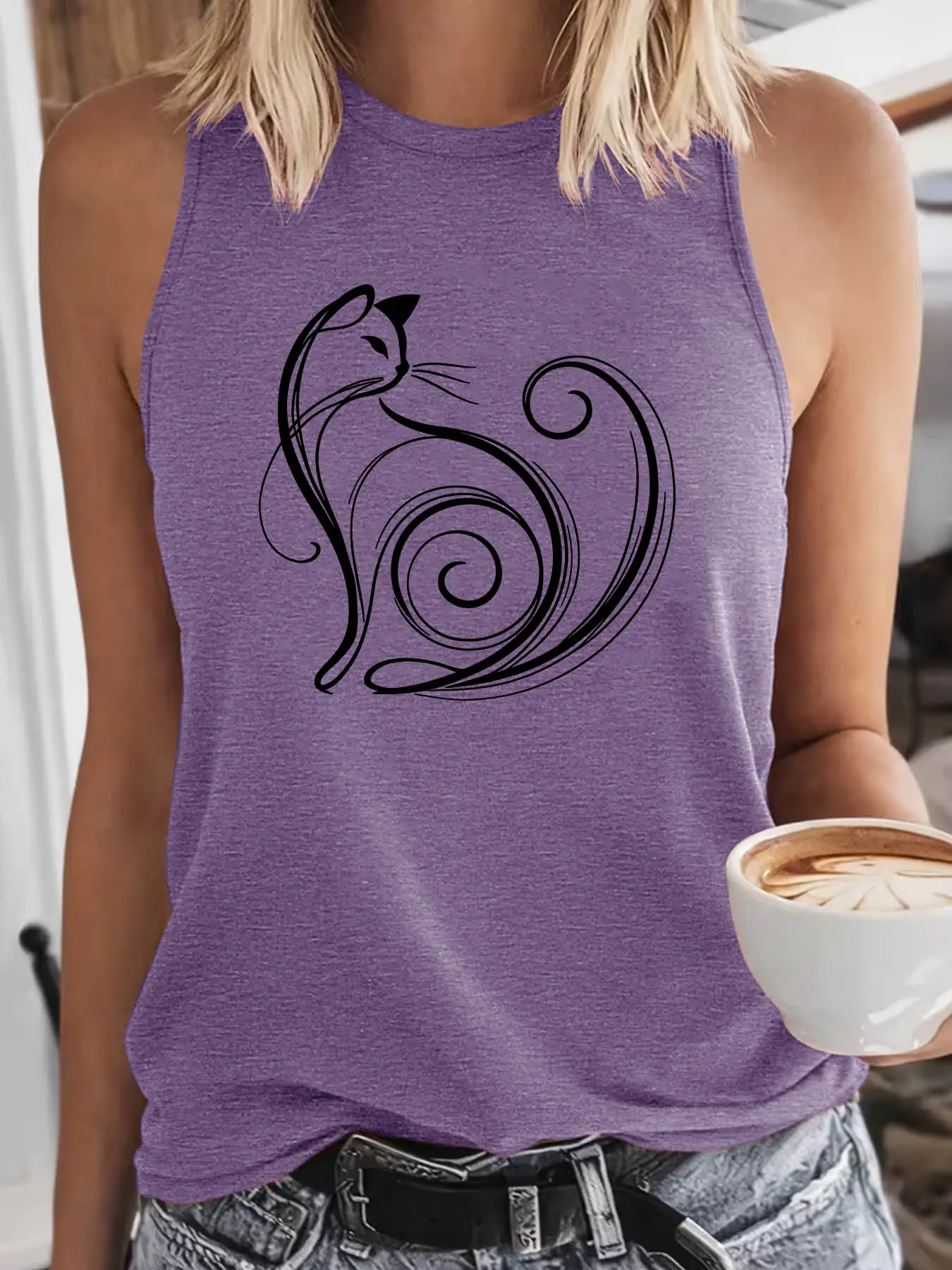 Women's Crew Neck Sleeveless Tank Top, Sleeveless Printed, Artistic Cat Line Art Print, Multiple Colors Available, Machine Washable, Spring & Summer Top, Soft Skin-Friendly Fabric, Daily Versatile, Fashion Design