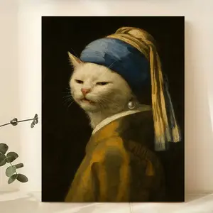 1 piece/set frameless canvas painting print poster,Classic funny humorous Altered Baroque Pop art,Smudge Cat with Pearl Earring - Vermeer Meme Art,perfect gift for animal lovers,ideal gift for bedroom,living room,dorm hallway,kitchen,mural,wall decoration