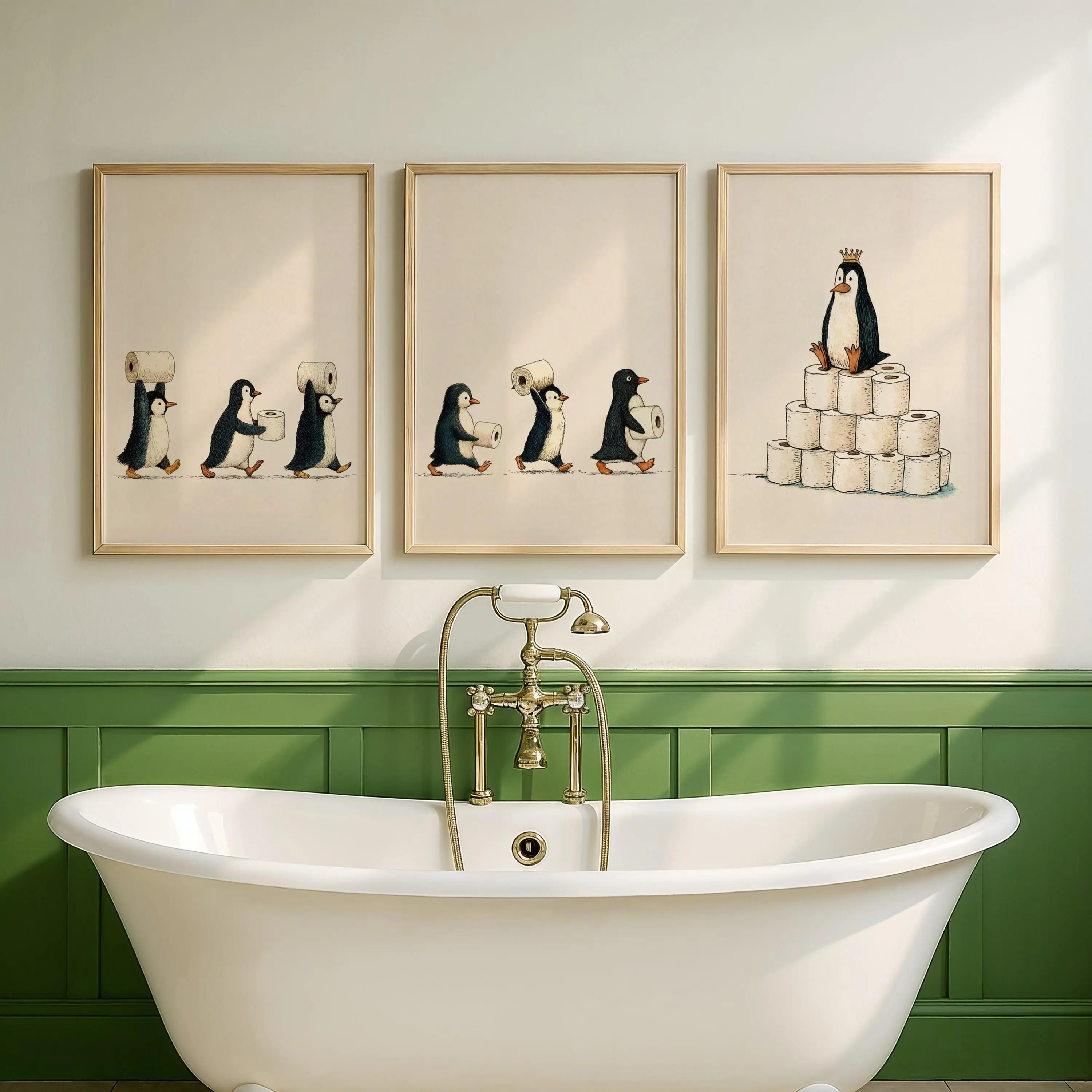 [SALE UP TO 40%] [Unframed] Penguin Bathroom Wall Art Set of 3, Funny Toilet Prints, Vintage Storybook Bathroom Decor