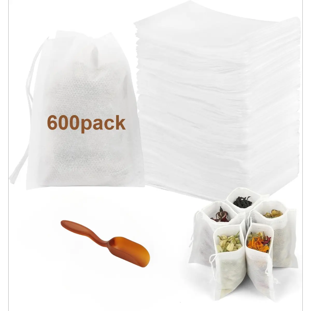 600 pcs disposable drawstring tea bag with tea spoon, non-woven tea bag, suitable for bulk tea leaves, flowers, and spices, suitable for home and office use