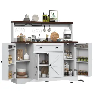 Hutch Storage Buffet Cabinet with Drawers, and Charging Station, Coffee Bar Cabinet with Barn Doors, Wine Rack and Hooks, White Wood Sideboard Buffet for Kitchen, Dining Room, 47.8" High