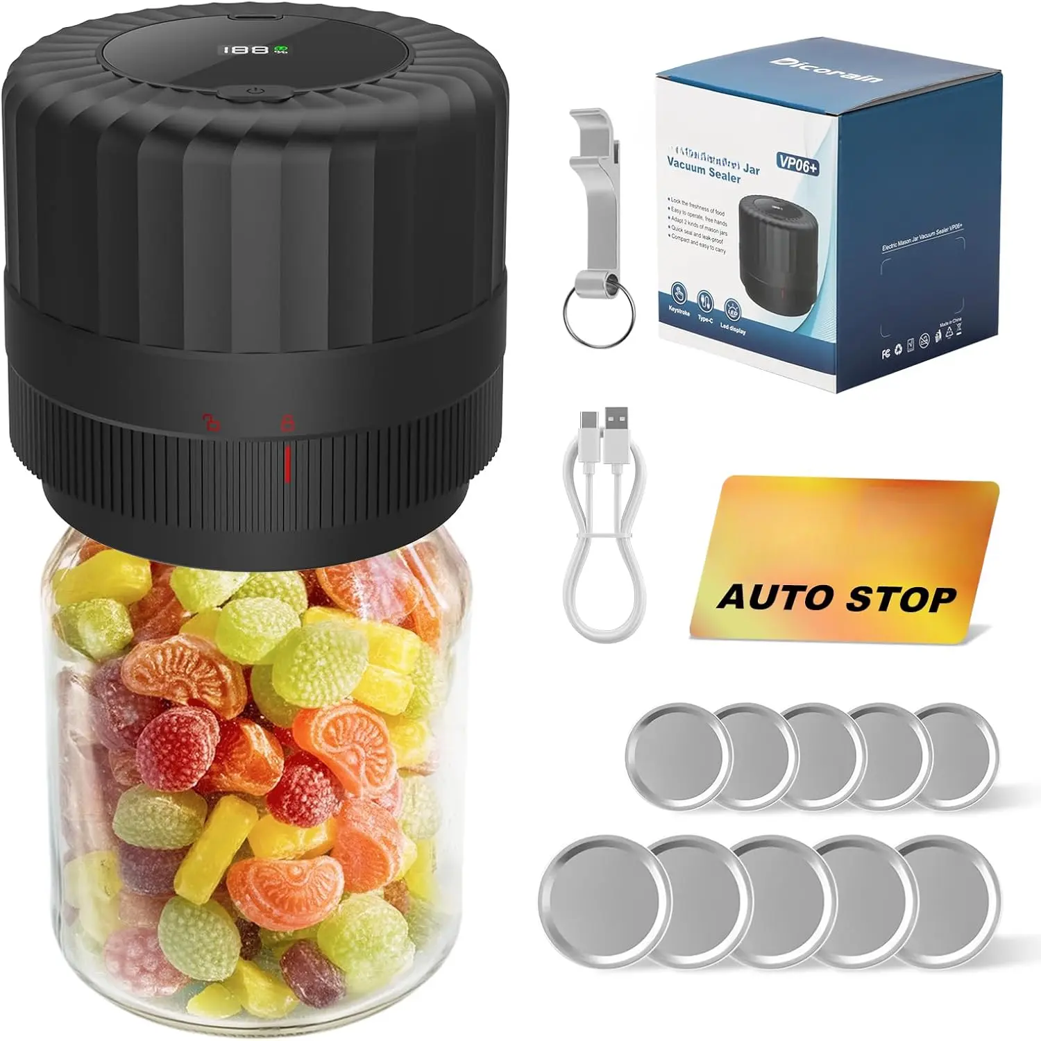 Electric-Mason-Jar-Vacuum-Sealer, Automatic Wide Mouth and Regular Mouth Mason Jar Vacuum Sealer Kit, VP06+ Vaccum Sealer for Jars with Opener & 5 Pairs of Lids