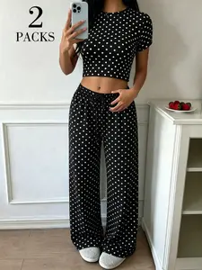 Women's 2 Piece Polka Dot Outfits, Short Sleeve, Round Neck Crop Top and High Waisted Wide Leg Pants Set, Casual Boho Summer Outfits, Trendy Streetwear Loungewear, Slim Fit Drawstring Trousers Matching Set, Daily Wear, Womenswear