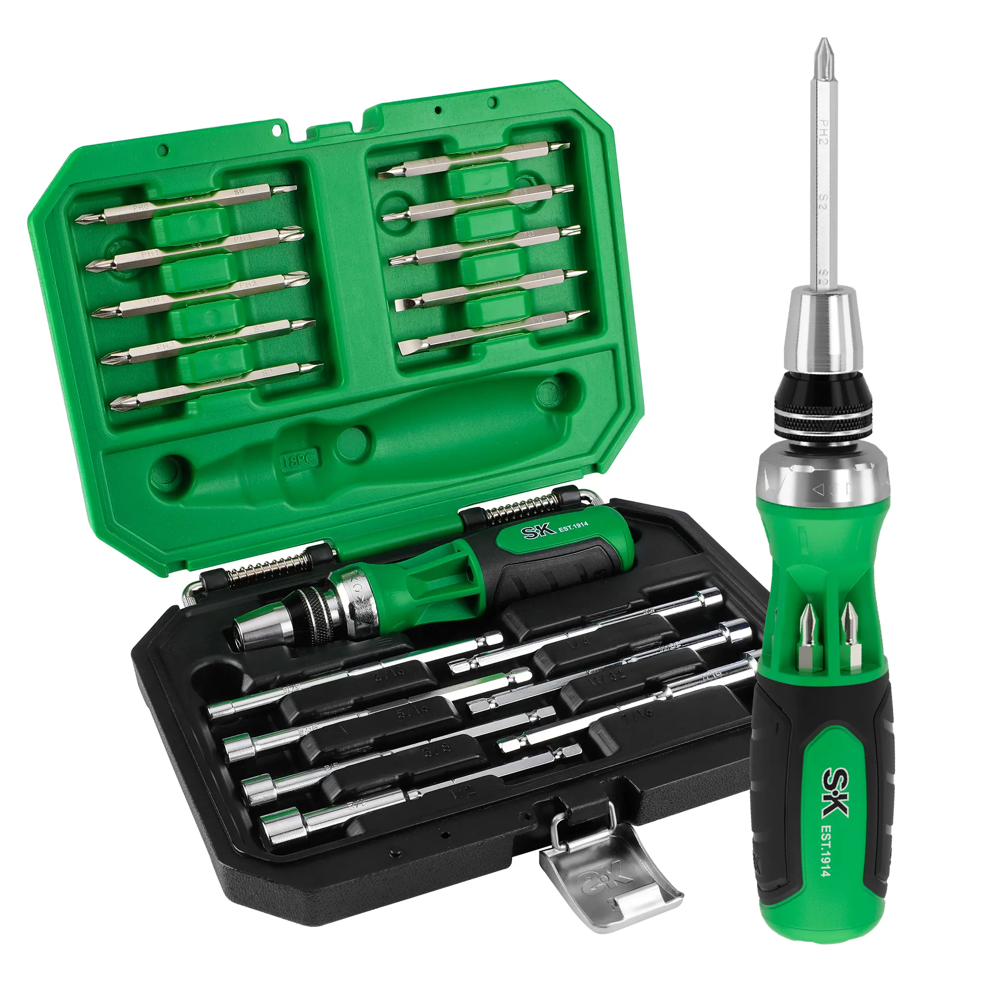 #summersale SK 22-in-1 Ratcheting Screwdriver with Nut Drivers, 216-P Multi-bit Screwdriver, Phillips, Slotted, Star, Square Bits Stored in Handle, Organized in Storage Toolbox