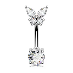 OUFER BODY JEWELRY 14G Butterfly Navel Ring for Women, Cute Body Jewelry with Shimmering Cubic Zirconia in 316L Stainless Steel