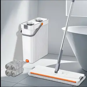 New Upgraded Mop And Cleaning Bucket Set - with 4 Reusable Washable Replacement Cloths, Dry and Wet Use, Large Flat Mop for Floor Mopping - Suitable for Living Room, Bedroom, Bathroom, Window, Wall, Home, Yard