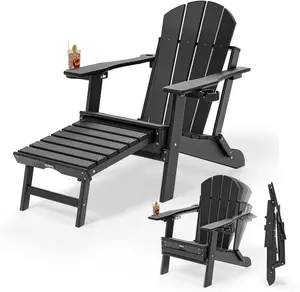 VINGLI Back-Adjustable Plastic Folding Adirondack Chair with Retractable Footrest & 2-in-1 Cup Holders, Waterproof HDPE Outdoor Fire Pit Chair for Patio, Pool, Capacity 400 LBS