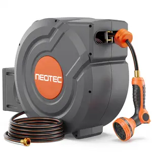 NEOTEC Wall Mount Retractable Garden Hose Reel | Auto Rewind, Any Length Lock, 180° Swivel, 3/4" Brass Fittings, 9-Pattern Nozzle (100ft/130ft)
