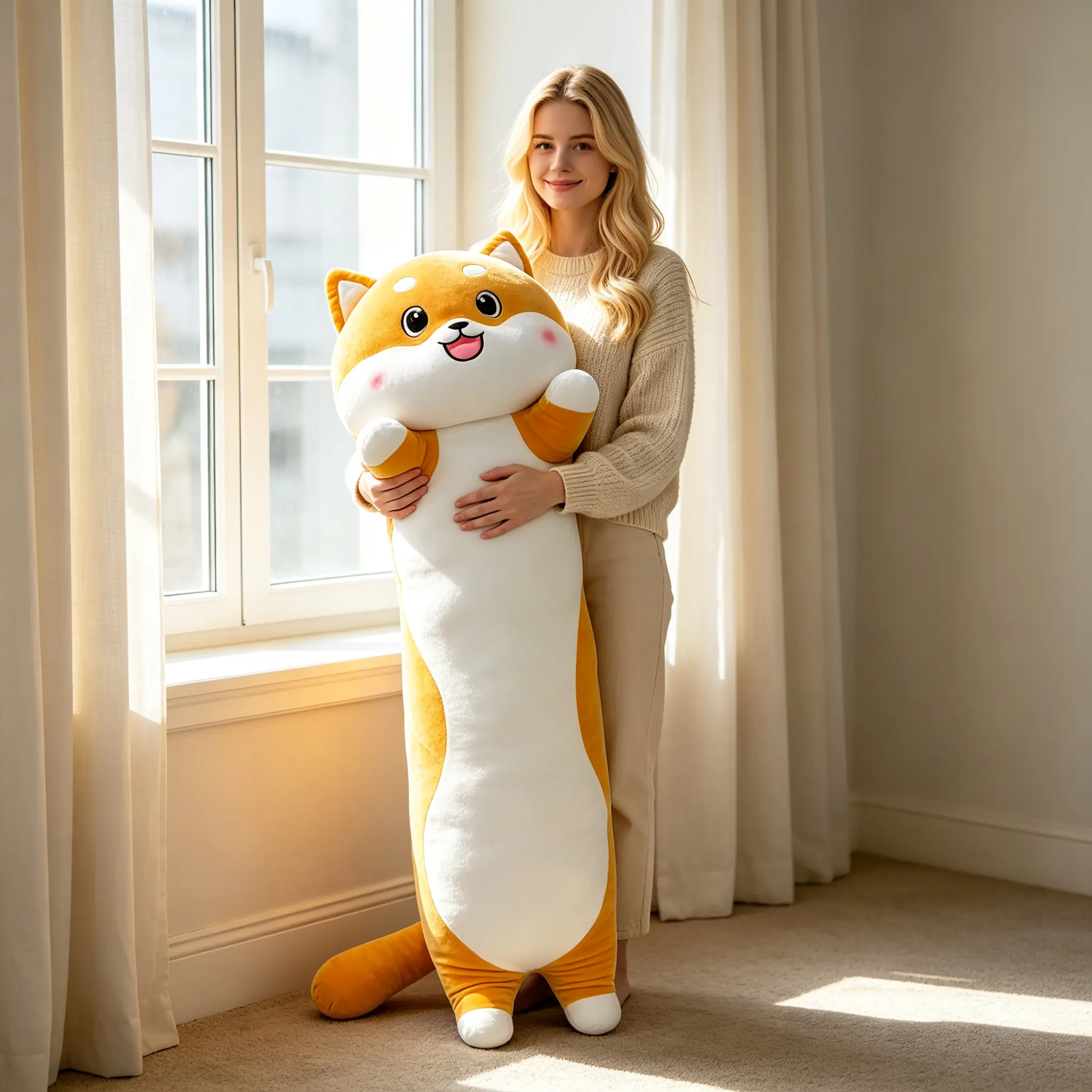 Trending ultra-soft long plush hugging pillow—arm-holding design; Shiba Inu/Husky/cat plush toy for bedside companionship and leg-clutch play; soothing birthday gift for girls