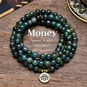8mm Green Moss Agate Gemstone Healing Crystal Stone 108 Mala Beads Money Attraction Bracelets Long Beaded Wrap Necklace Genuine Gemstone Mala Prayer Beads Lotus Buddha Charm Yoga Meditation Necklace Ideal Gift Jewelry ,  Lotus Pendant, Ramadan.Long Chain