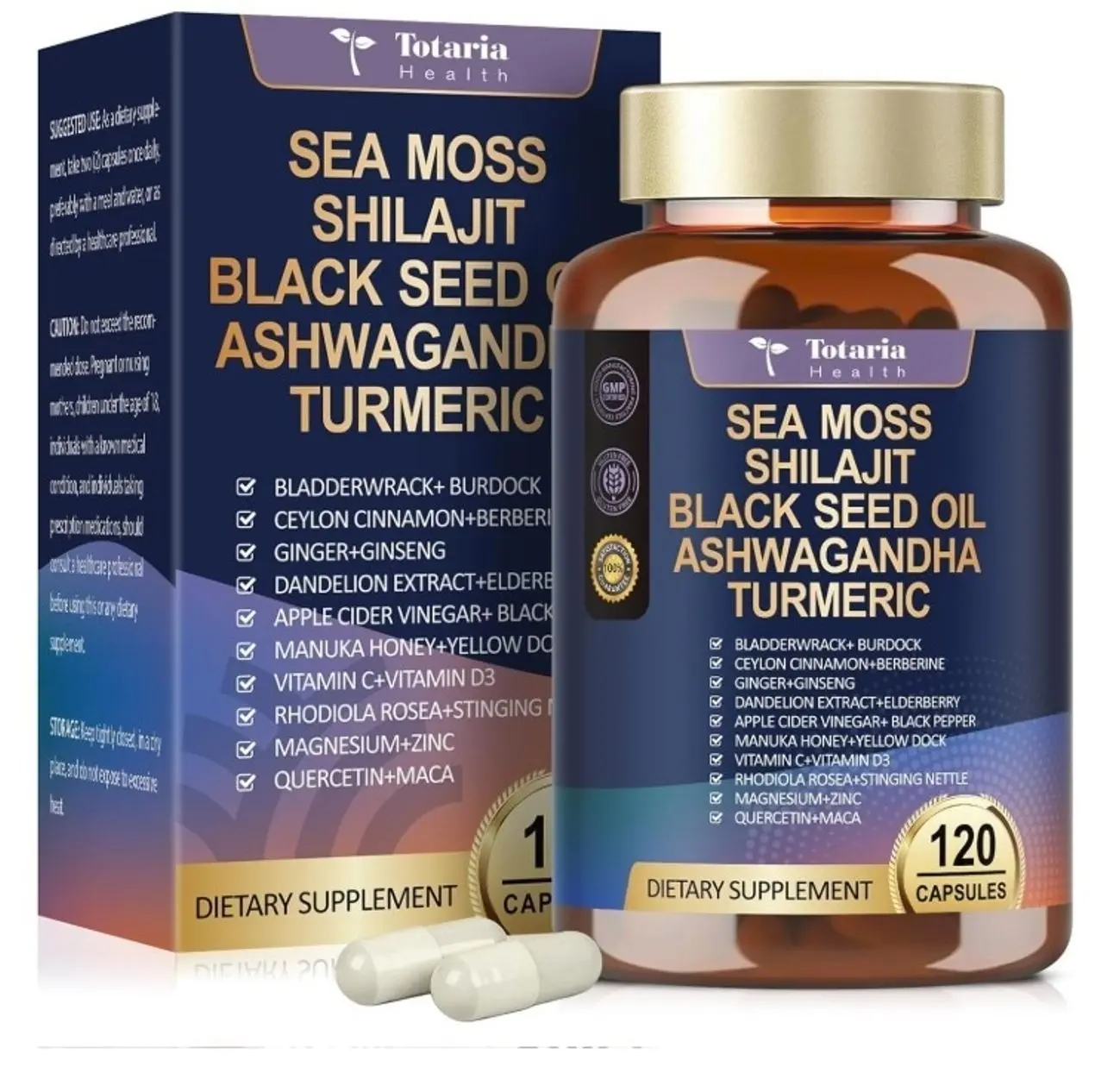 25-in-1 Sea Moss Black Seed Oil Ashwagandha Ginger Shilajit Supplement, Sea Moss Capsules Pro with Bladder Burdock Ceylon Cinnamon Berberine ACV Manuka VIT C & D3 for Men Women, 120 Vegan Caps