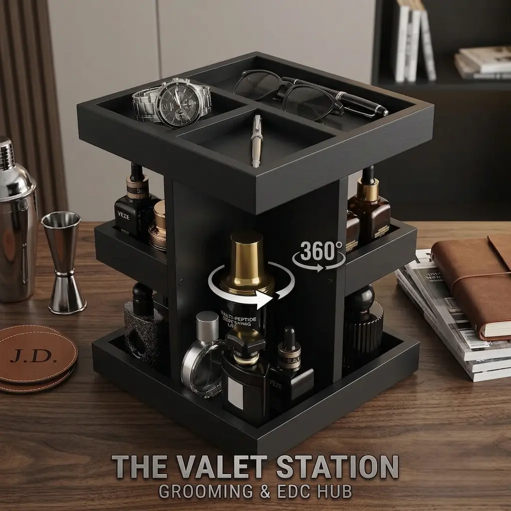 360° Rotating Wooden Vanity Organizer - Single Unit 3-Tier Compartmentalized Storage for Beauty Products, Perfumes, Jewelry - Minimalist Modern Home Decor Cosmetic Organizer Box, Compartmentalized Organizers