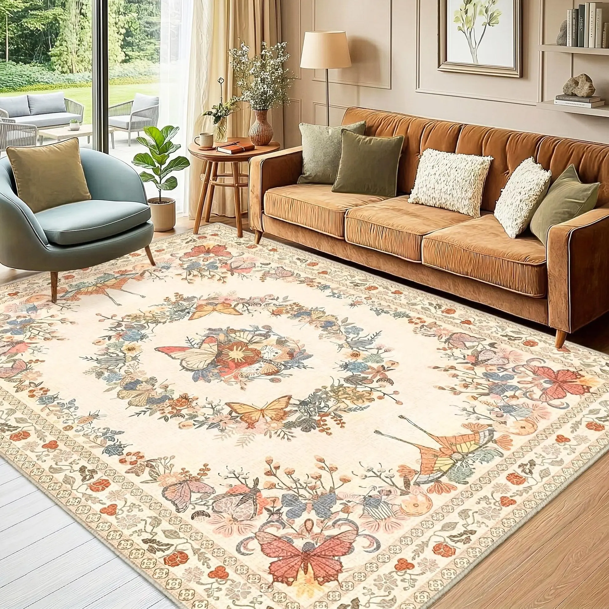 【Back to School】Vintage Boho Butterfly Floral Printed Plush Faux Suede Low-Shed Low Pile Area Rug, Machine Washable Anti-Skid Rectangle Vintage Home Decor Rug for Bedroom, High Traffic Hardwood Floors