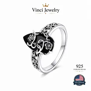 925 Sterling Silver Black Synthetic Obsidian Ring with Floral Pattern Design,  Elegant Vintage, Hollow-out Flower for Women, Mystery and Protection Spiritual Healing Jewelry for Girls for Daliy Wear