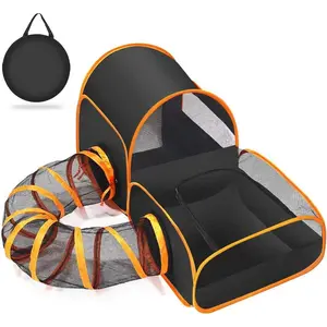 Portable cat enclosure with surrounding tunnel and 2 connected enclosed areas, ideal for outdoor cat tents or indoor cat enclosures.Breathable mesh design, suitable for both indoor and outdoor use (black)