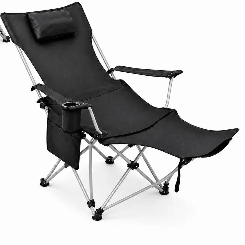 Reclining Camping Chair with Footrest, 4-Position Portable Folding Lounge Chair with Headrest, Cup Holder, Side Pocket and Carry Bag, 300 lb Capacity, Black