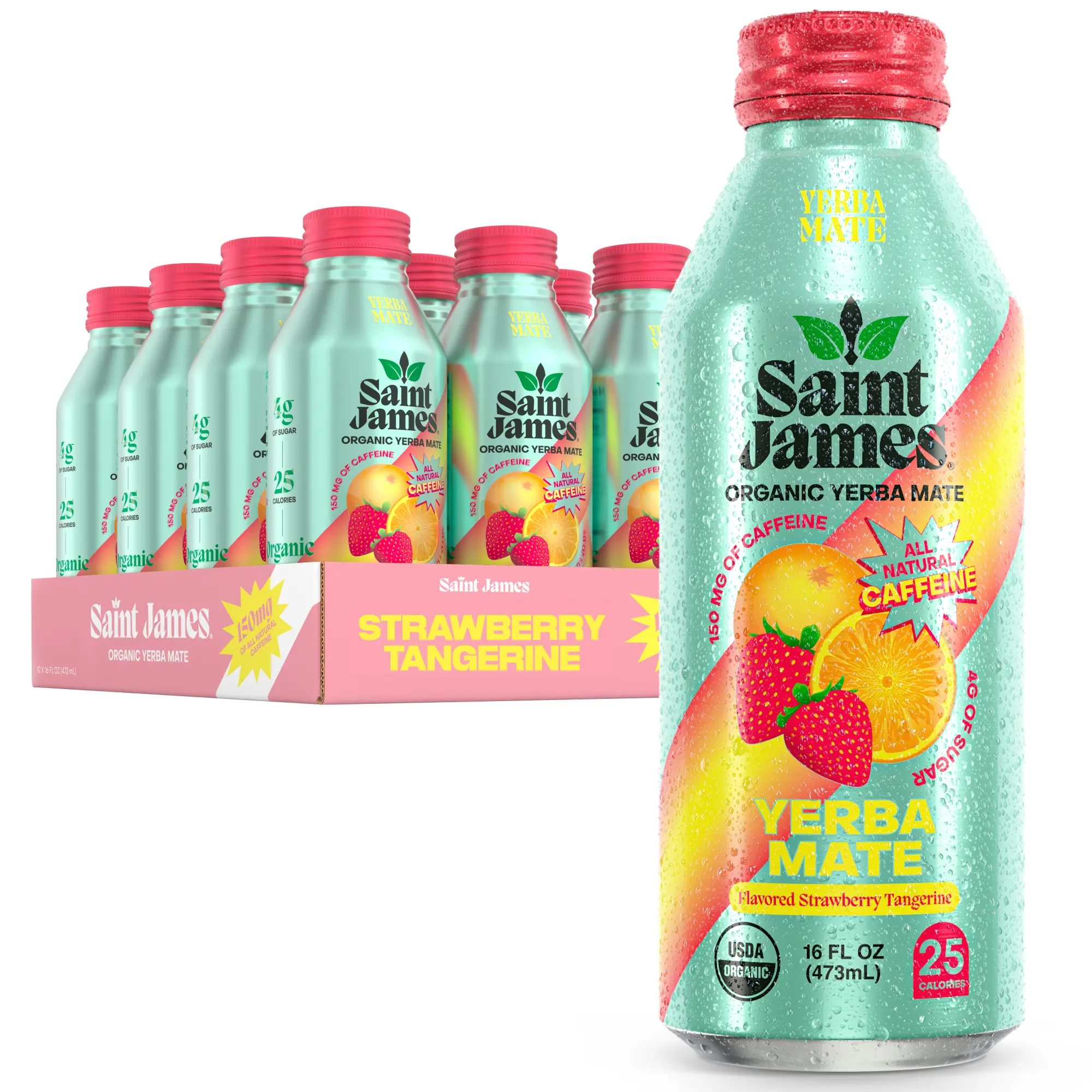 Saint James Organic Yerba Mate, Strawberry Tangerine, 12 Pack (16 fl oz each), 150mg Natural Caffeine, Gluten-Free & Vegan Tea Beverage