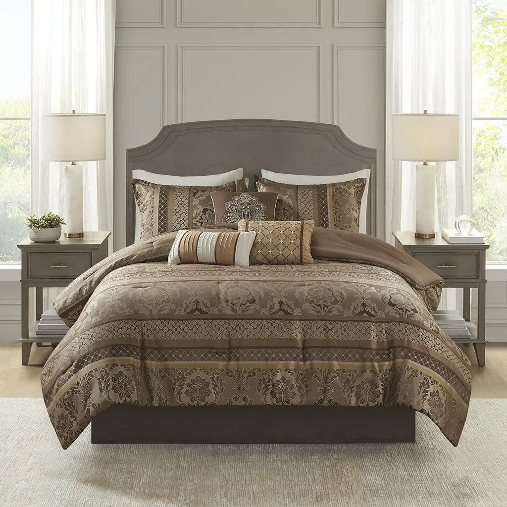 Madison Park Bellagio Durable 7-Piece Comforter Set - Luxury Household Bedding Set Collections with Jacquard Traditional Damask Beautiful Patterns, Comforter, Shams & Decorative Pillows for Bedding Decor, Beautiful Patterns Bedding Sets Collections