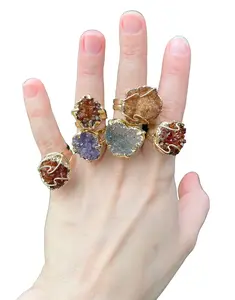 Crystal Cluster Rings - Gold Plated Adjustable Amethyst & Citrine Brazilian Stones for Emotional Healing & Balance Natural Gemstone