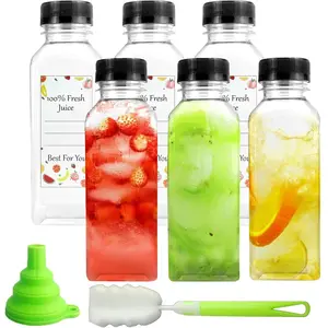 Plastic Juice Bottles with Caps, 6 Pcs Reusable Juice Bottles with Black Tamper Leak Proof Lids, Brush, Funnel and Labels, Clear Container for Smoothie, Drinking and Homemade Beverages