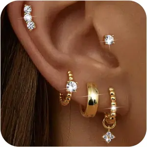 CASSIECA Small Hoop Studs Earrings Gold-plated Plated Huggie Earrings for Women Trendy Cartilage Earring Stacks Hypoallergenic Earring Sets