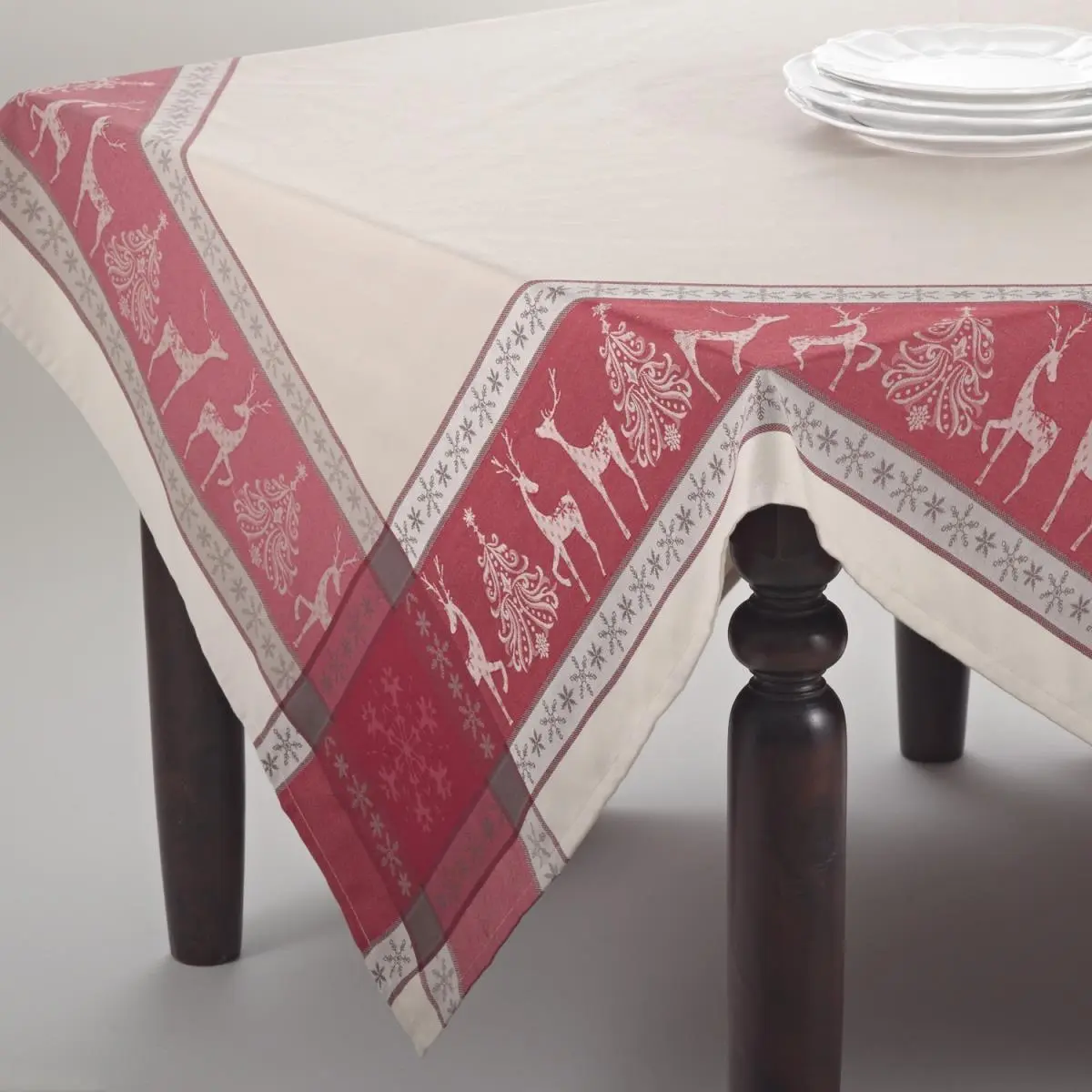 SARO 72 in. Square Christmas Reindeer Jacquard Tablecloth - Red & Tan
