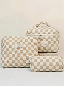 Checkerboard Pattern Makeup Bag Set, Travel Cosmetic Bags, 3Counts/set Large Capacity Travel CosmeticStorage Bag, Makeup Container Set, Zipper Makeup Organizer Pouch, Versatile Storage Bag for Travel, Home, Stackable Makeup Holder Kits, Travel Essentials