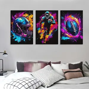 3 Pieces Wooden Frame Canvas Print Art 2D Flat Graffiti Style Helmet and Football Art Colorful Football Player Painting Boys Gift Home Wall Decoration Hanging Ornaments Room Artistic UV Resistant Inks