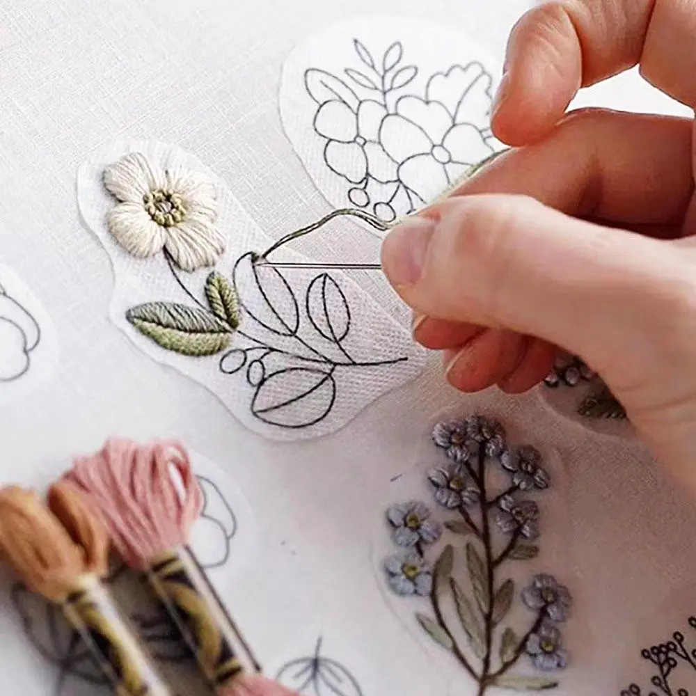 Peel and Stick Sewing Embroidery Sticker, 12pcs Flower Pattern Water Soluble Embroidery Stabilizer, Wash Away Self Adhesive Transfer Paper for Hand Sewing Lover and Beginner, Embroidery Supplies