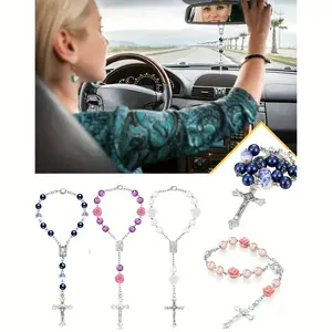 1ppcabs car rosary mirror, rearview mirror beads, rose medals, prayer beads, interior decoration, cross hanging accessories, suitable for women and men, Car Ornament, Car Trinkets, Car Accessory