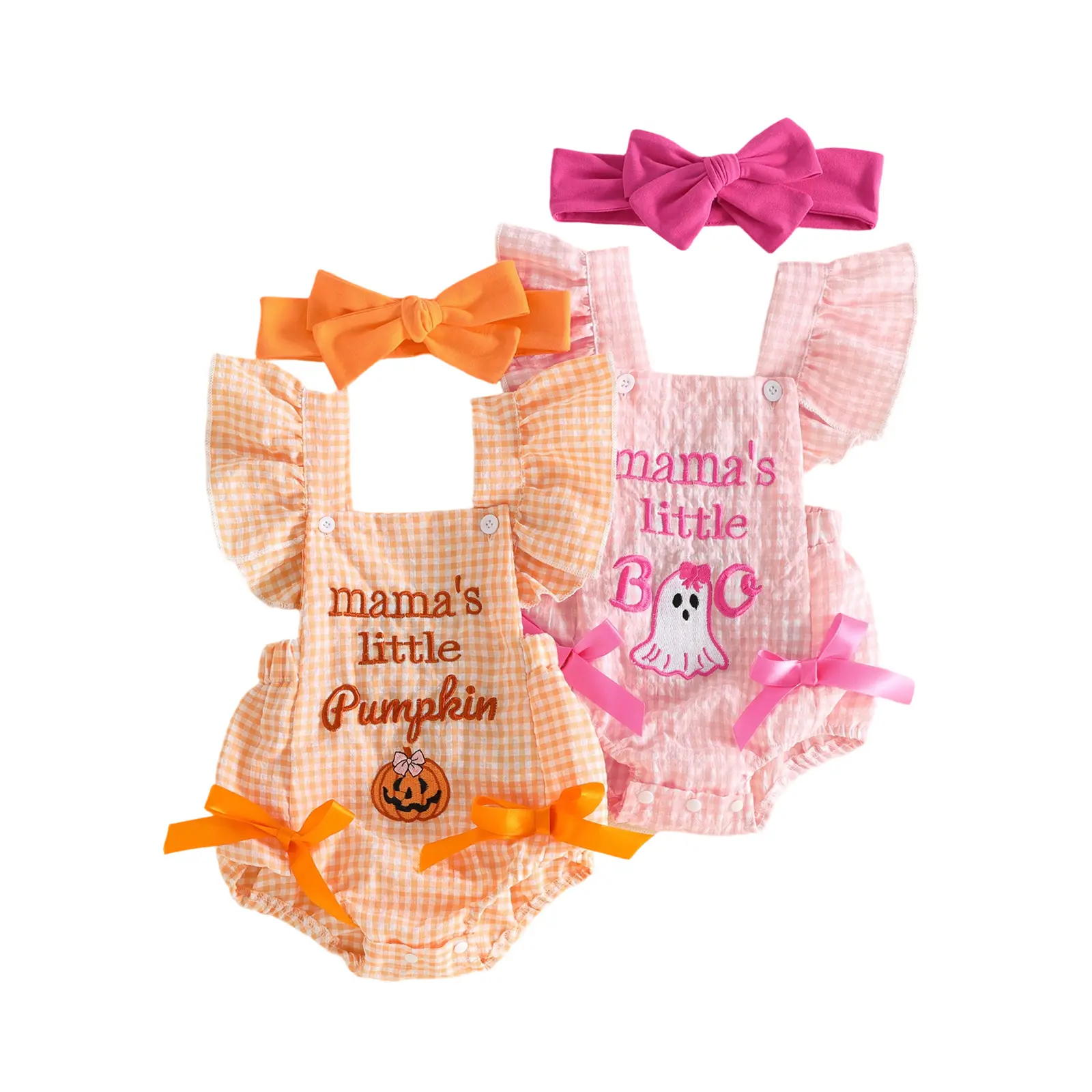 Infant Baby Girl Halloween Plaid Romper Pumpkin/Ghost Embroidery Flying Sleeve Jumpsuit with Headband 0-18 Months
