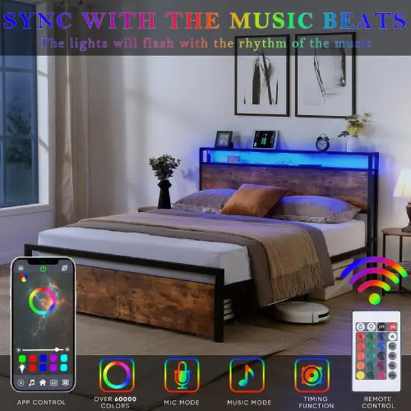 【Bellemave】Full /Queen Size Bed Frame with Storage Headboard and 2 Drawers, LED Lights Bed with Charging Station, Metal Platform Bed No Noise, Mattress Foundation Strong Metal Slats Support No Box Spring Needed