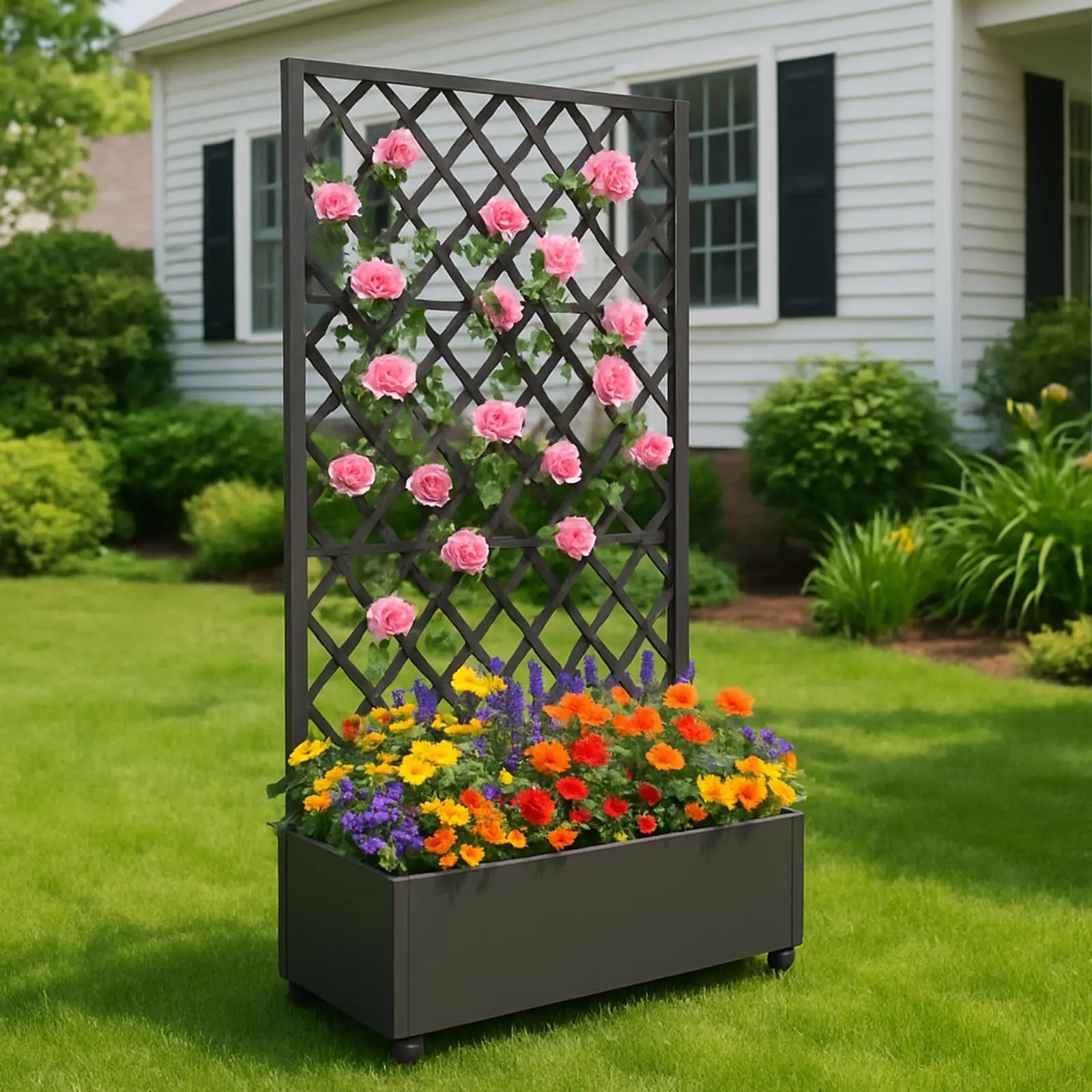 Metal Planter Box Galvanized Raised Garden Bed with Diamond Lattice Trellis on Locking Wheels, Deep Planter with Drainage for Climbing Plants, Flowers, Patio & Balcony
