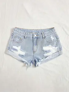 High Waist Women's Ripped Denim Shorts, Boyfriend Shorts, Casual Summer Fitted Jeans, Button Fly Design, Trendy Straight Leg Pants for Daily Wear