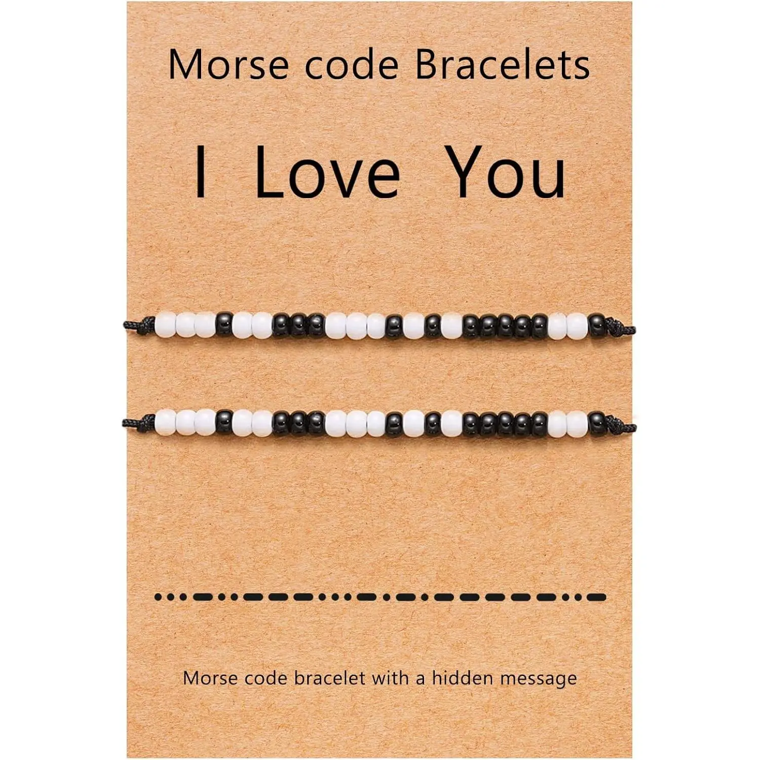 "I Love You" Morse Code Bracelets for Couples, Adjustable Beaded Matching Set on Waxed Rope, Long-Distance Relationship Gift with Vintage Card, Beads