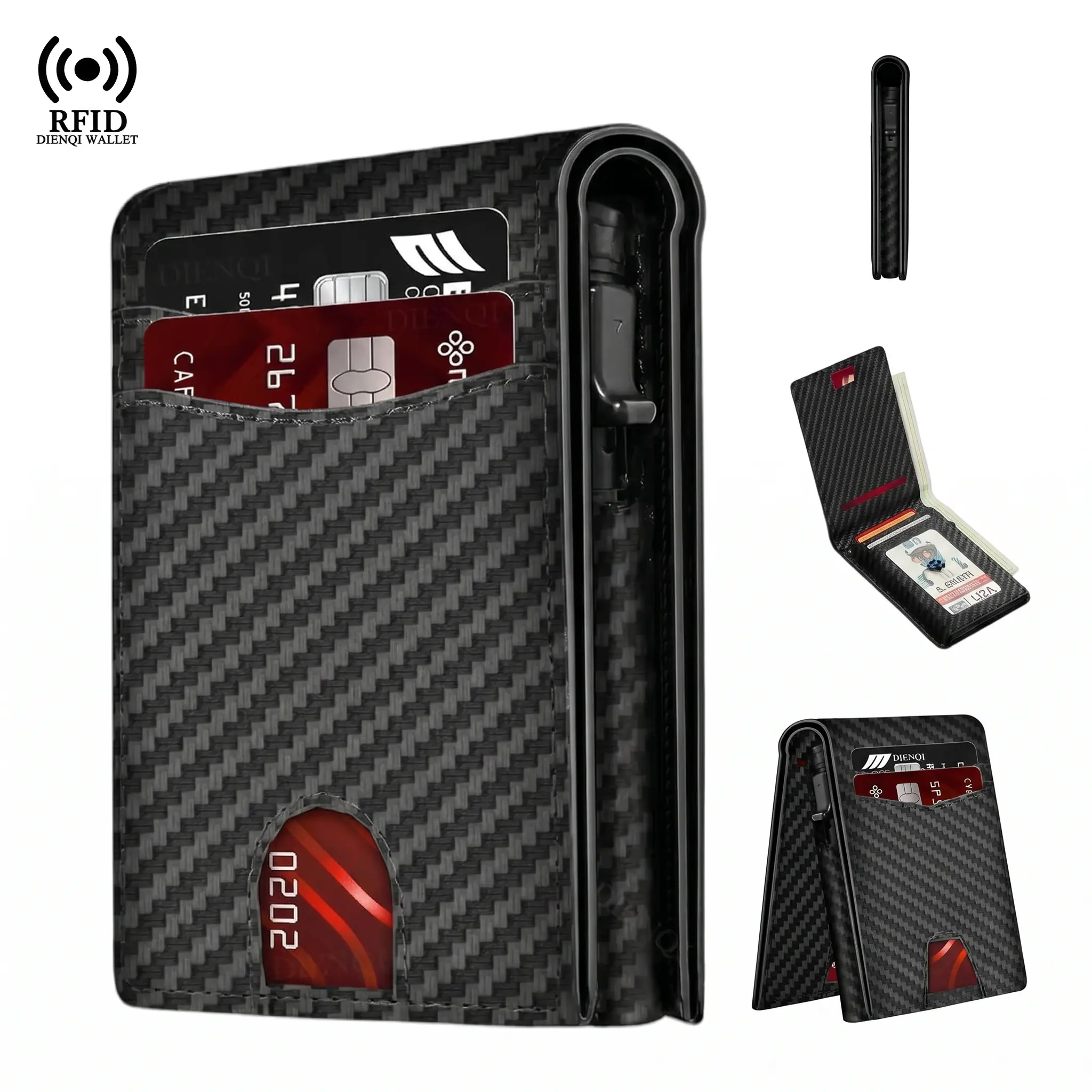 Men's Minimalist Bifold Wallet, RFID Theft Proof Leather & Aluminum Pop-Up Credit Card Organizer with 12 Secure Card Slots and ID Window, Driver License Holder, Secure Card Storage