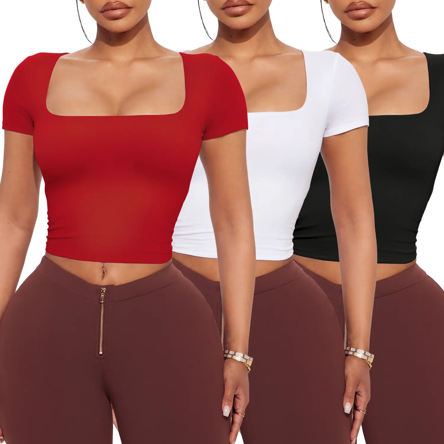 Lecieldusoir Women's Square Neck Crop Tee, Y2K Streetwear Slim Fit Short Sleeve T-Shirt, Basic Going Out Casual Top 019 Summer Black Womenswear Minimalist