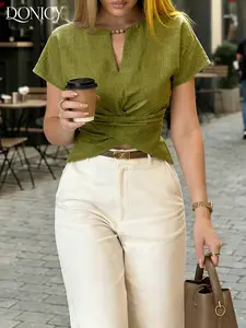 Women's Light V-Neck Twist Waist Short Sleeve Top, Spring Summer New Valentine's Day Casual Home Wear, Polka Dot Knit Shirt