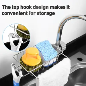 Adjustable Detachable Sponge Holder, Soap Kitchen Sink Drain Rack，Rustproof Stainless, Towel Hook Bathroom Universal,Kitchen Sink Faucet Organizer