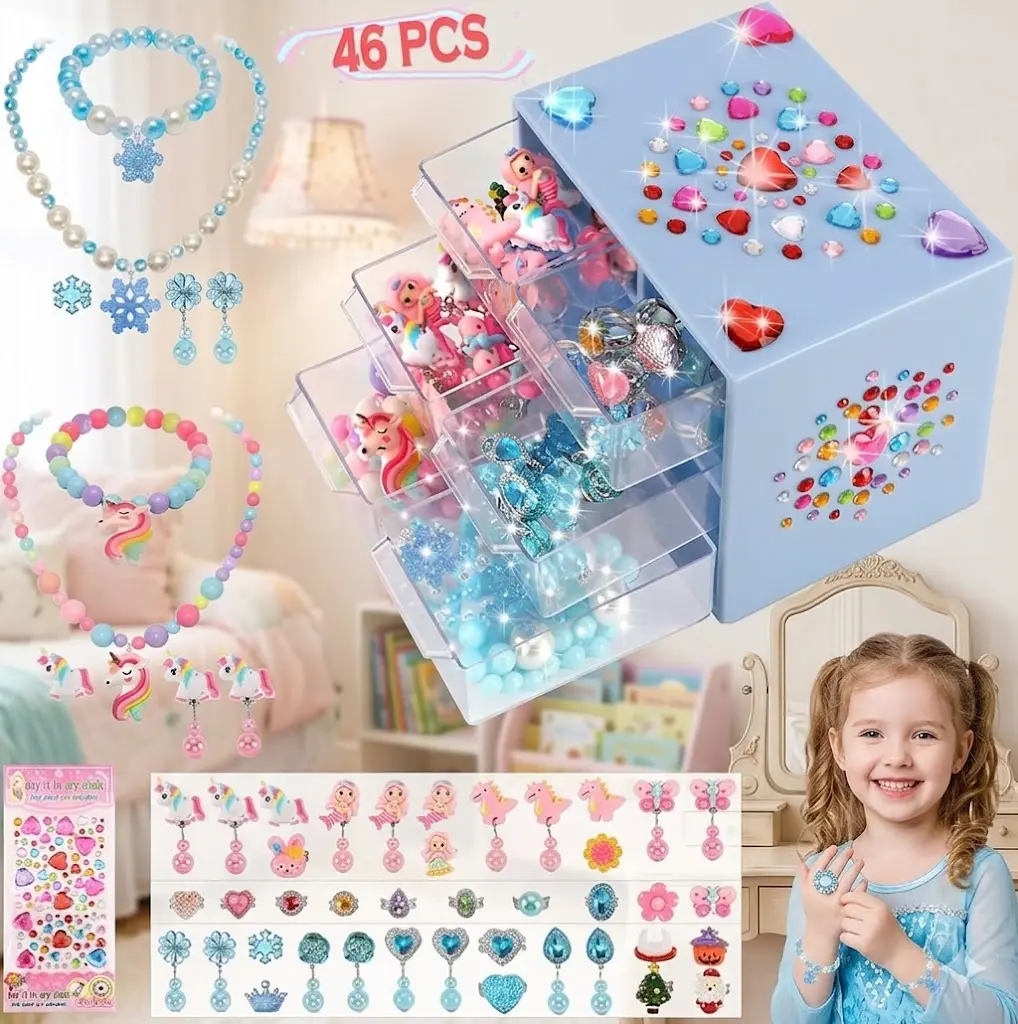 Girls' Princess Theme Frozen & Unicorn Dress-Up Toy Jewelry Set for Ages 5-10 - 24pcs Adjustable Rings, Clip-On Earrings, Necklaces, DIY Gem Stickers - Decoration, Mess-Free, No Battery Needed, Easy to Store, Birthday Play Gift