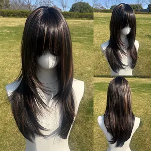 SMILCO/26Inch Highlight Black with Brown Long Straight with Bangs Synthetic Wig for Women/SM592