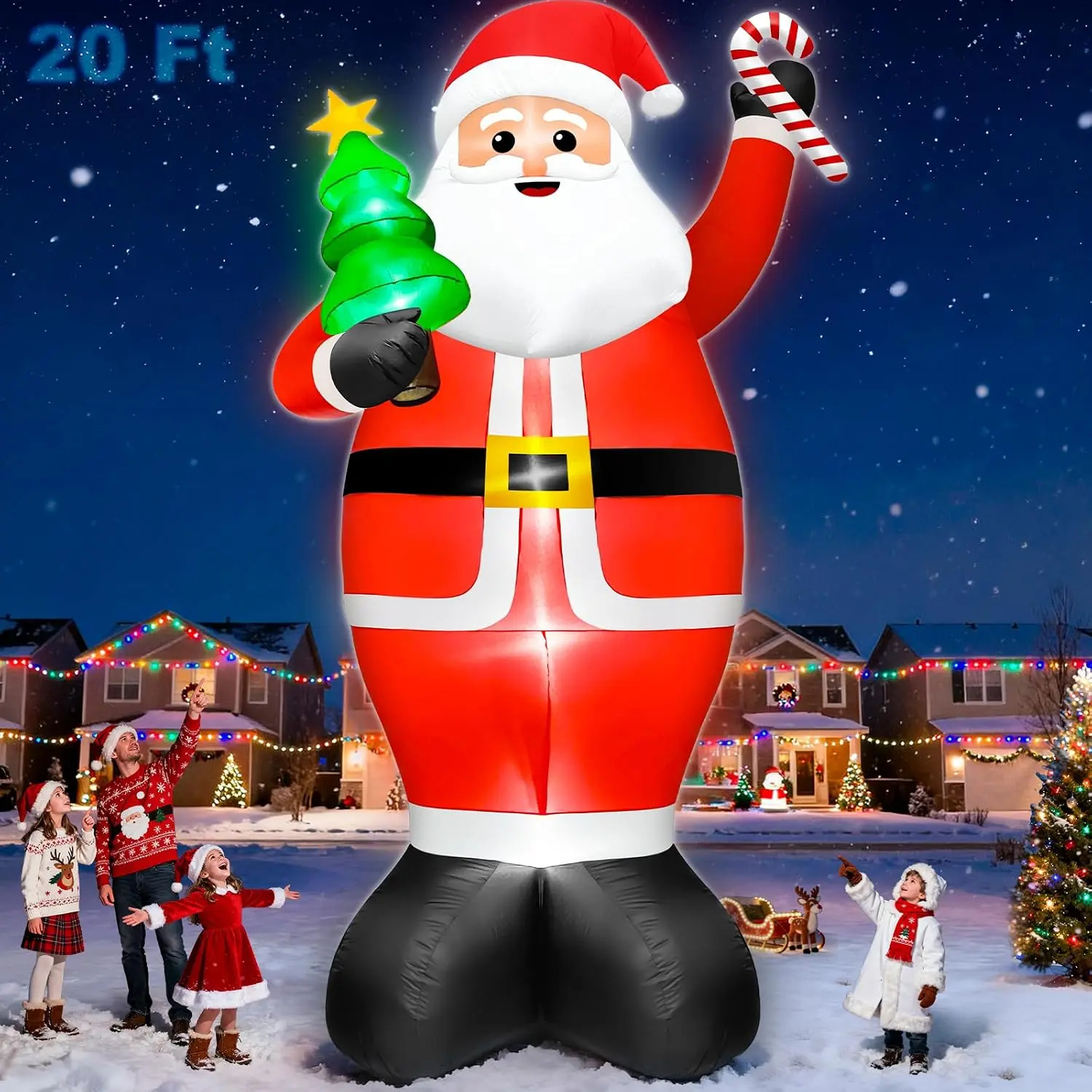 Super Giant 20FT Christmas Inflatable Santa Claus Holding Xmas Tree and Cane, Blow Up Outdoor Christmas Decorations with 8 LED Lights for Yard Lawn Party Holiday Decor