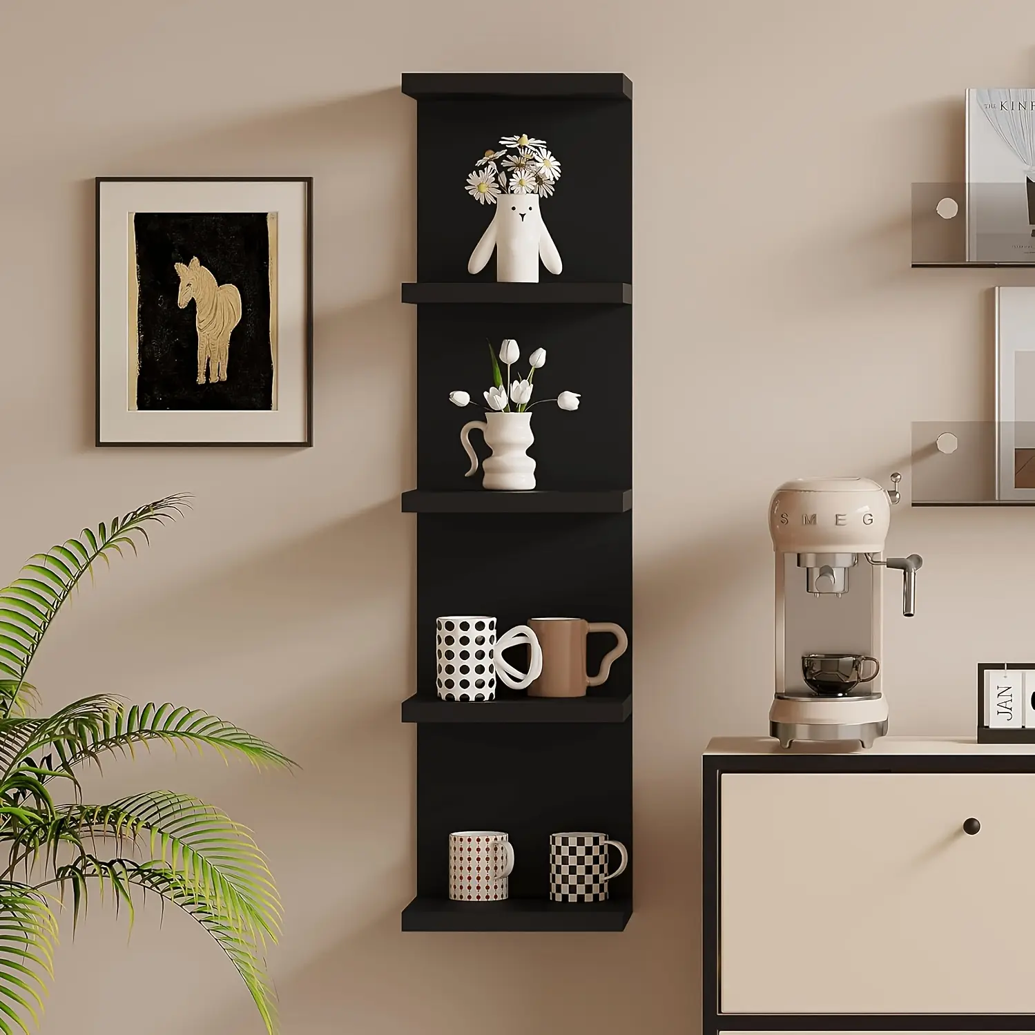 Upgraded 5-Layer Suspended Composite Wooden Wall Mount Compatible Shelf, Decorative Home Decor, Space-Saving Storage Shelf for Books & Plants, Space Saver