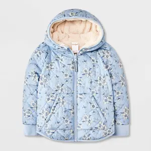Toddler Girls' Floral Cozy Quilted Reversible Puffer Jacket - Cat & Jack Blue 12M