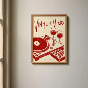 Vinyl & Vino" Retro Wall Art | Mid Century Modern Music & Wine Poster | Trendy Kitchen & Home Bar Decor | High Quality Physical Print