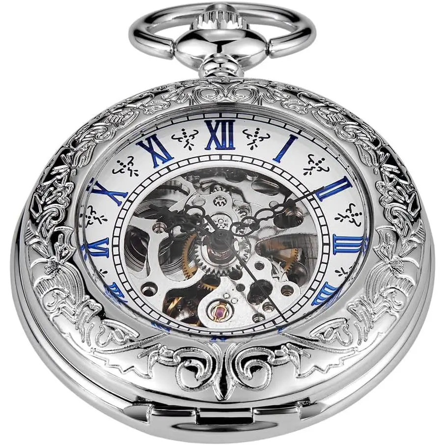 Classic  Mechanical Pocket Watch, Roman Numerals  Pocket Watch with Chain Box for Men