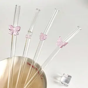 Reusable Glass Straw Set, Butterfly/bow Heart Cherry Decorations, Ideal for Home Parties & Cafes, Perfect Valentine Gift, Drinking Straw, Glass Straw Drinkware